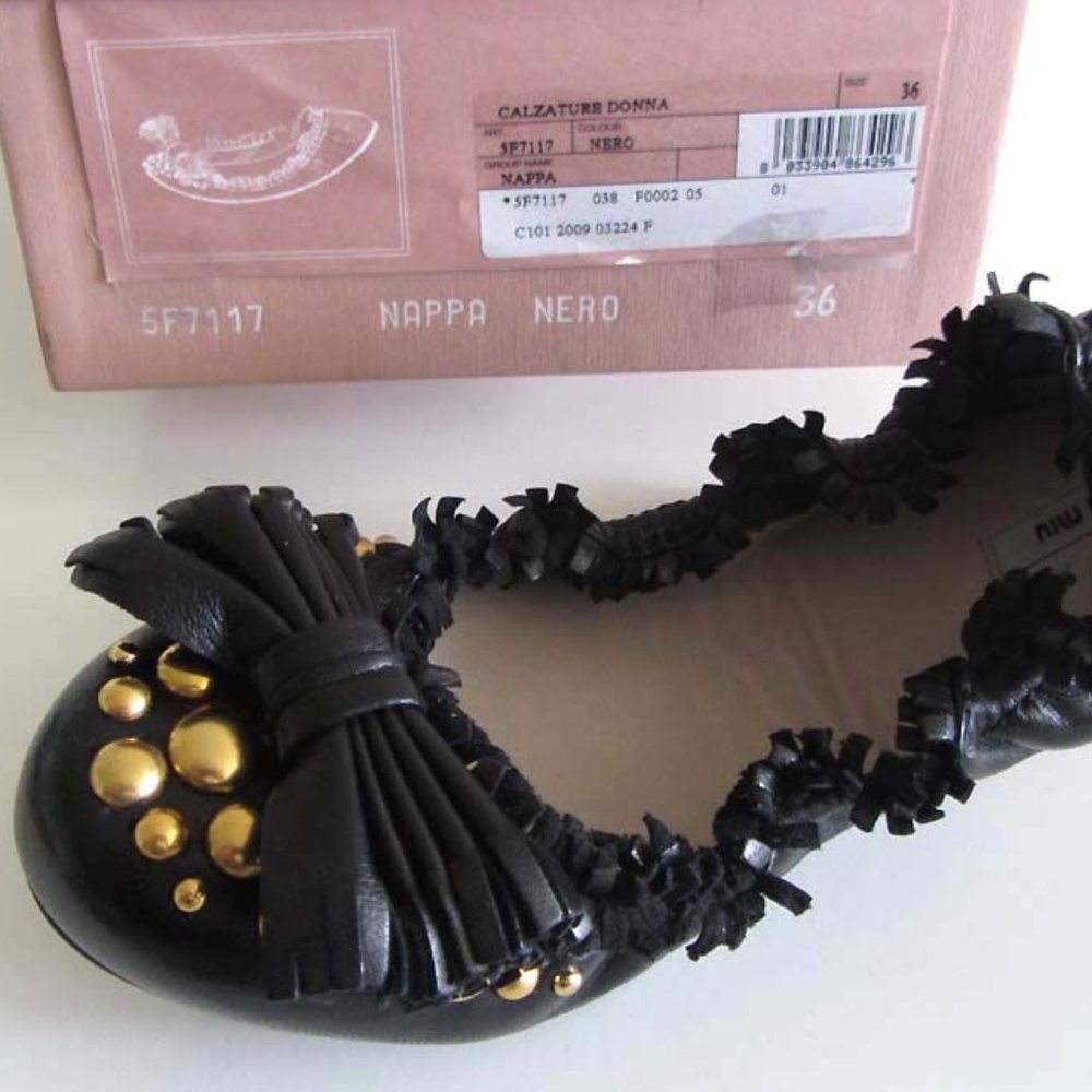 New Miu Miu Black Studded Bow Ballet Flats 36 6 Us - image 7